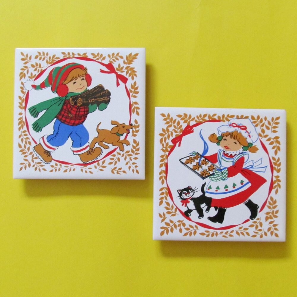 Christmas tile trivet Set of 2 1970s tiles